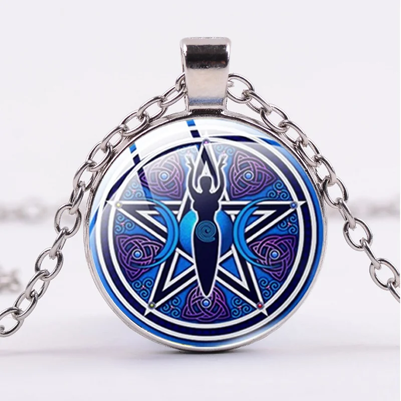 

Retro Triple Moon Goddess Necklace Wicca Pentagram Tree of Life Glass Long Chain Necklace Magic Amulet Protection Jewelry