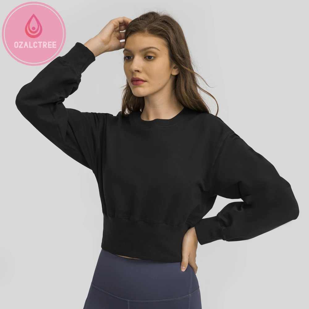 

OzalCtree Ribbed Luff Long Sleeve Workout Sweatshirts Top Women Cotton Fitness Pullover Leisure Crew Neck athletic shirts