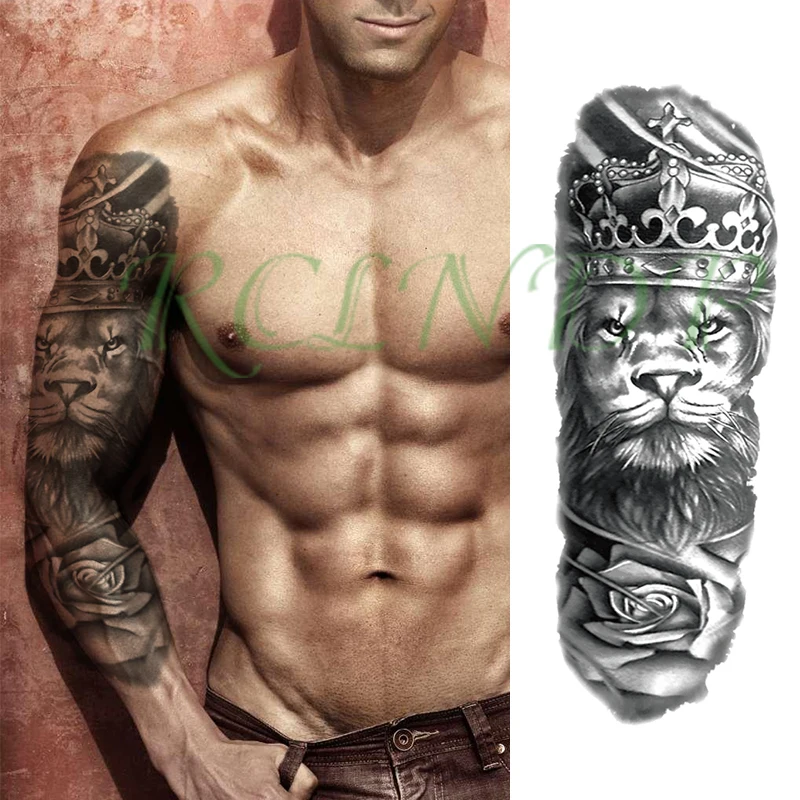 

Waterproof Temporary Tattoo Sticker lion king crown rose flower cross full arm large fake tatto flash tatoo for men women