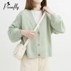 Женский короткий кардиган PEONFLY, зелено-желтый однобортный Свободный кардиган с длинным рукавом, вязаная куртка, осень 2019