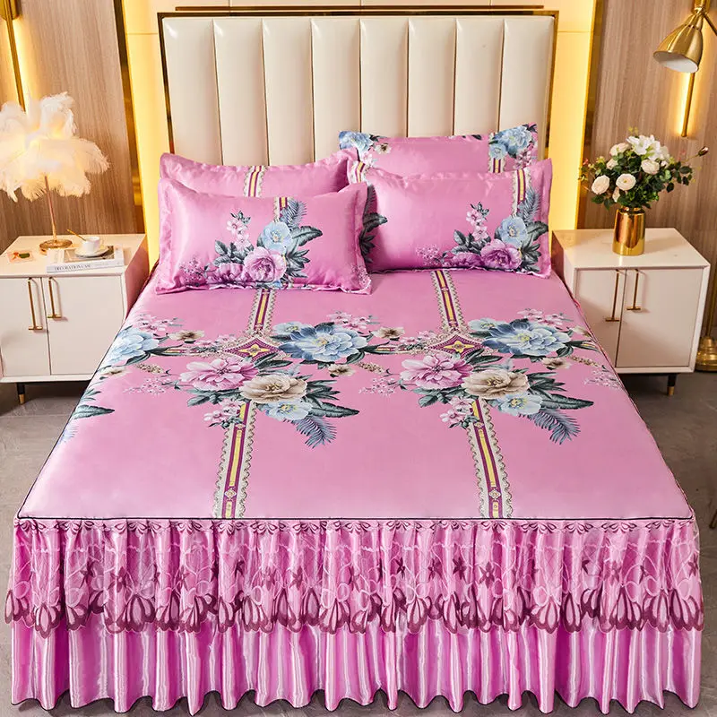 

Luxury Summer Bed Skirt Ice Silk Bed Mat Set with Pillowcase Home Anti-Skid Cool Sleeping Mat Queen Size Mattress Sheets Bed Pad