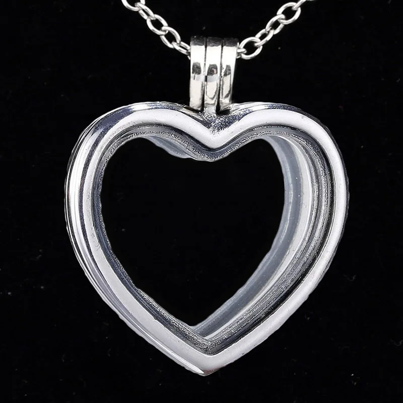 

New 925 Sterling Silver Medium Locket Sparkling Heart Floating Necklace Fit Fashion Original Bead Charm Bracelet DIY Jewelry
