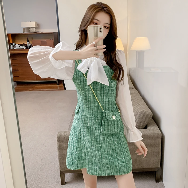 

Chic Design Sleeveless Tweed Dress Suits Vestido Autumn New Bowknot Blouse Top With Free Bag Elegant 2 Piece set