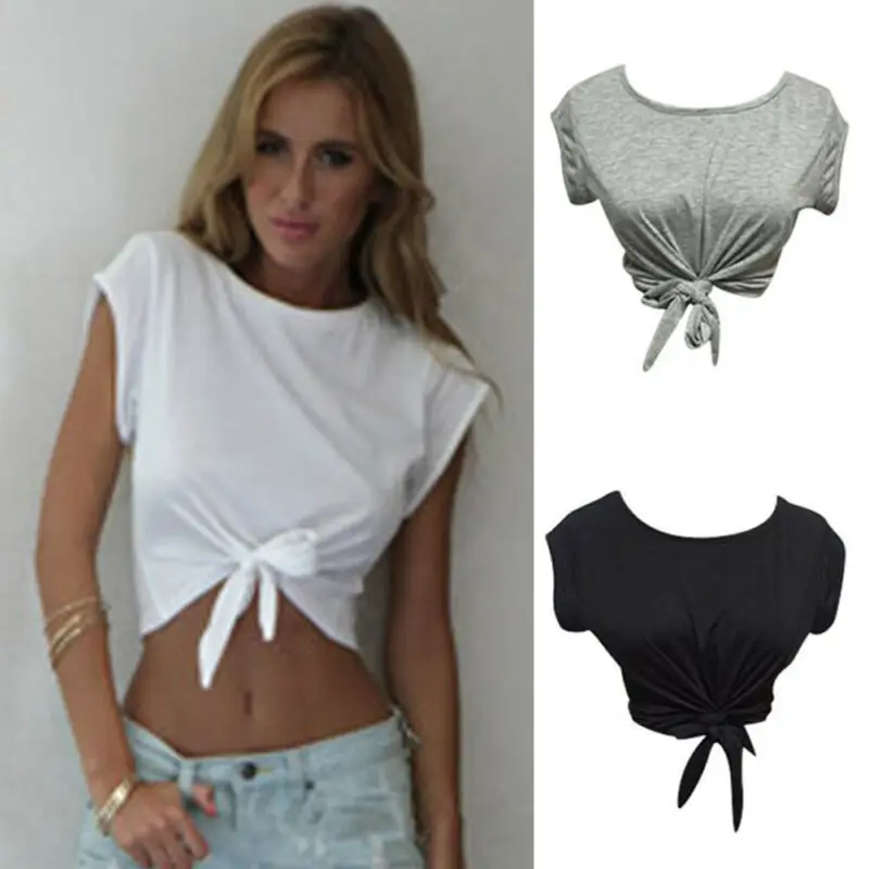 

Women Summer Tops Knotted Tie Front Crop Tops Cropped T Shirt Casual