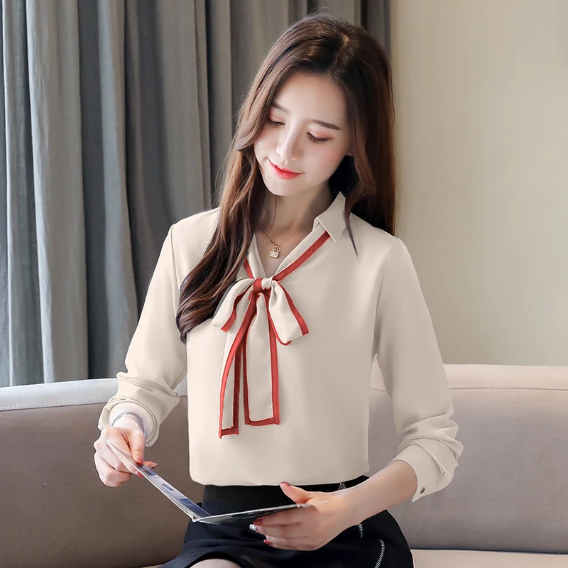 

Womens Tops and Blouses Long Sleeve V-neck Bow Chiffon Blouse Women Shirts Fashion Korean Plus Size Women Blouses Blusas Mujer