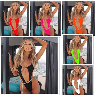 Сексуальный неоновый оранжевый слитный купальник женский бразильский цепь