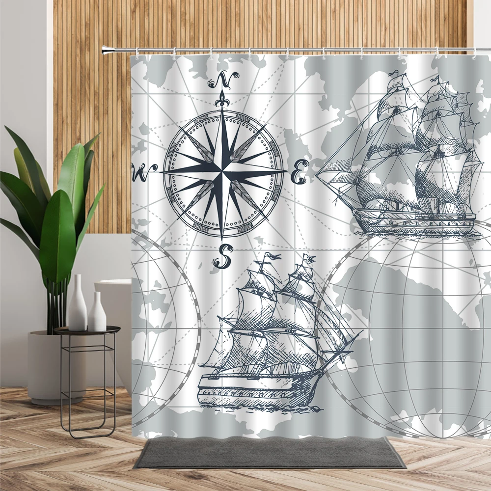 3D занавеска для душа в скандинавском стиле ручная роспись компас парусник