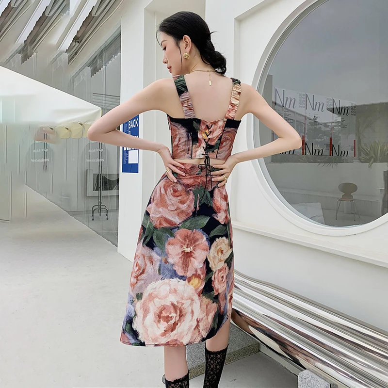 

XIZIHUPAN Vintage Two Pieces Set For Women O Neck Sleeveless Irregular Vests High Waist A Line Print Midi Skirts Female 2021 New