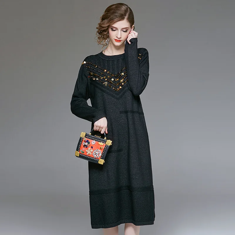 VERDEJULIAY Runway Women Knitted Dress Luxury Autumn Winter High Quality Full Sleeve Sequined Loose Long Dress Vestidos