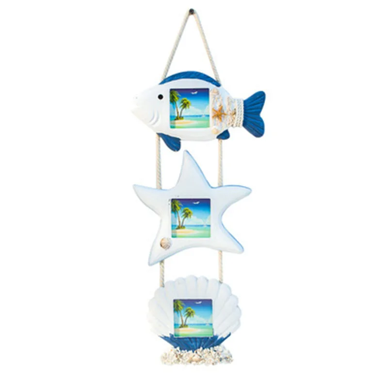 

Mediterranean Style Sea Fish Starfish Shell Star Triple Mounted Pine Wood Glass Photo Frame Creative Wall Aquarium Decoration