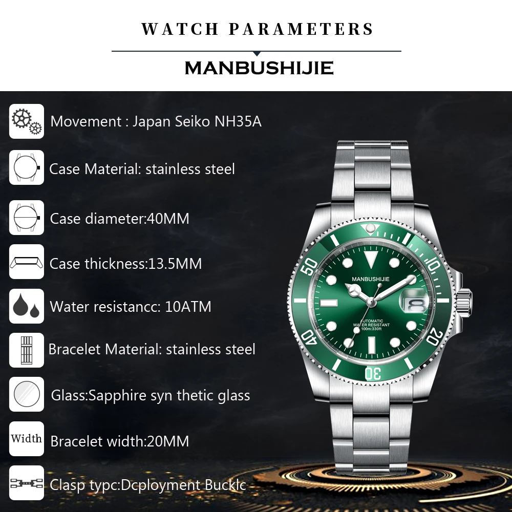 Роскошные Механические часы NH35 мужские для плавания водонепроницаемые дайвинга