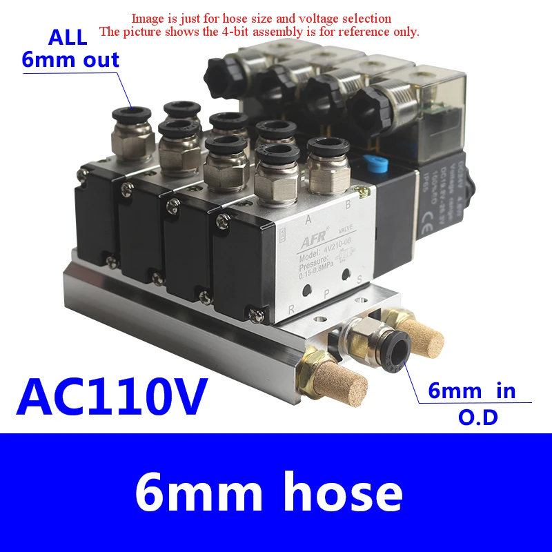 4V210-08 DC24V 12V 2 Позиции 5 способ Четырехместный электромагнитный клапан алюминиевый базовый фитинг глушители набор 3 4 5 6 станций AC220V AC110V - Цвет: AC110V 6 IN 6 OUT