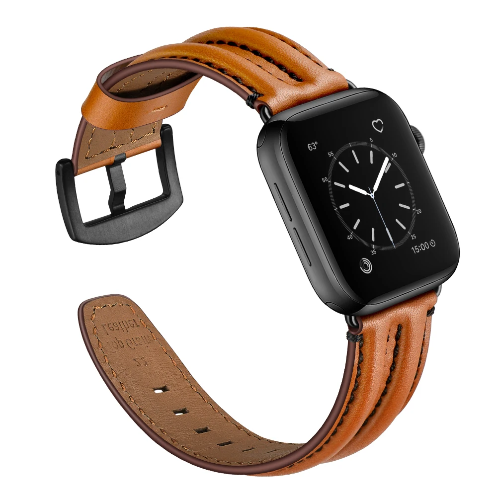 Genuine Leather strap for Apple Watch Band 44mm 40mm 42mm 38mm Double keel watchband belt bracelet iWatch serie 5 4 3 se 6 7