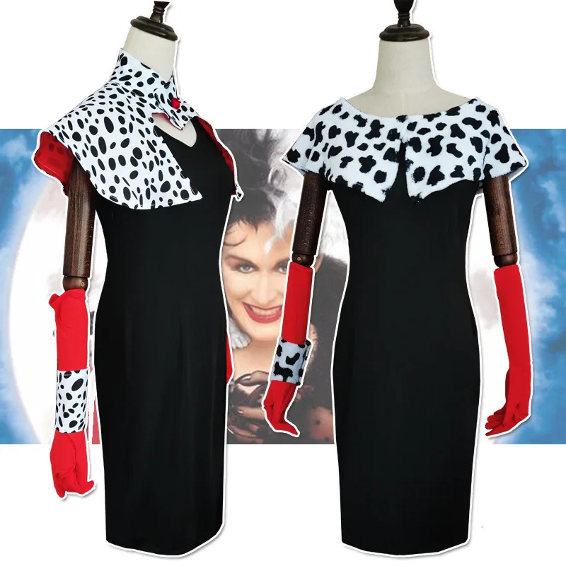 

Cruella De Vil Cosplay Costume Dresses 101 Dalmatians with Cape Outfits Halloween Carnival Suit for Women Girls