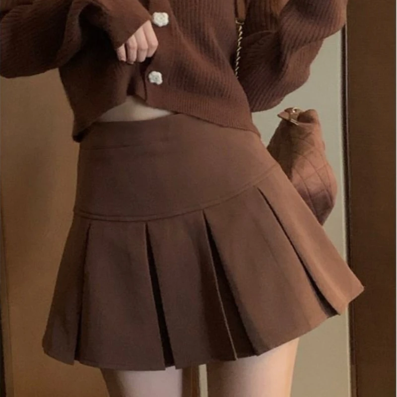 

HOUZHOU Brown Pleated Skirt Women Autumn 2021 Vintage Y2K Korean Style High Waisted A-line Mini Skirts for Girls Preppy Style