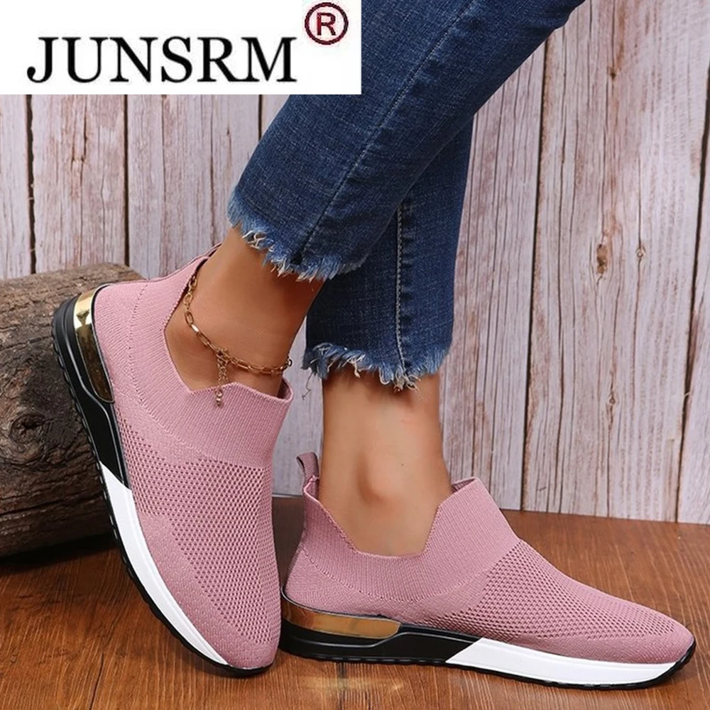 

Large-Sized Flats Women 2022 Autumn New Knitted Fabric Ladies Comfy Slip On Loafers Outdoor Sport Walking Running Casual Sneaker