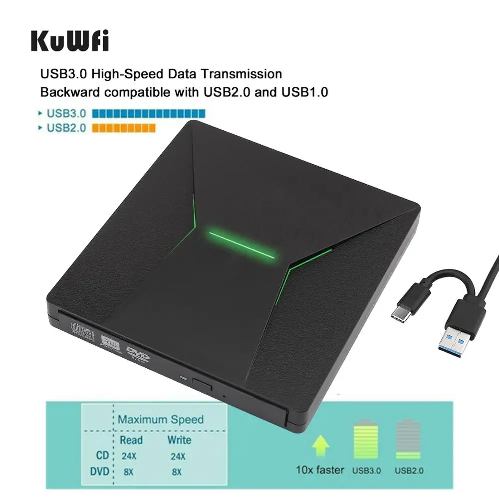 KuWfi USB 3 0 Тип C Портативный с высоким уровнем Скорость DVD +/RW красочными светильник