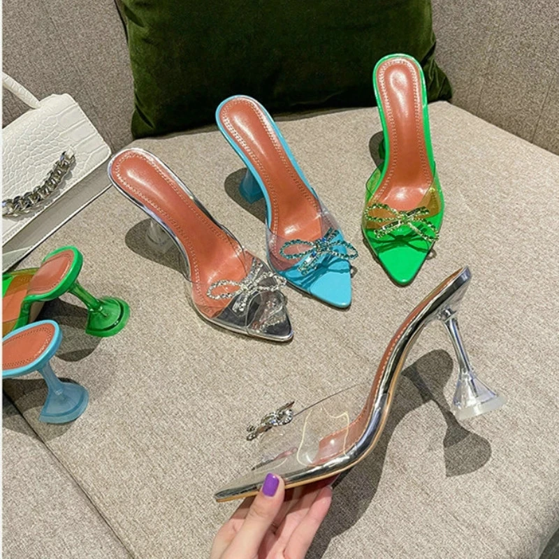2022 роскошные стильные сандалии с бантом и острыми носками женские прозрачные
