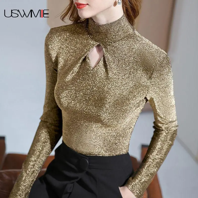 

Free Shipping Spring T Shirt Women Fashion Half High Collar Outwear Bright Silk Long Sleeve Pure Color Slim Tee Shirt Femme