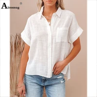 womens linen shirt pocket design blouse 2021 single breasted tops blusas oversize 4xl 5xl female short sleeve casual shirts