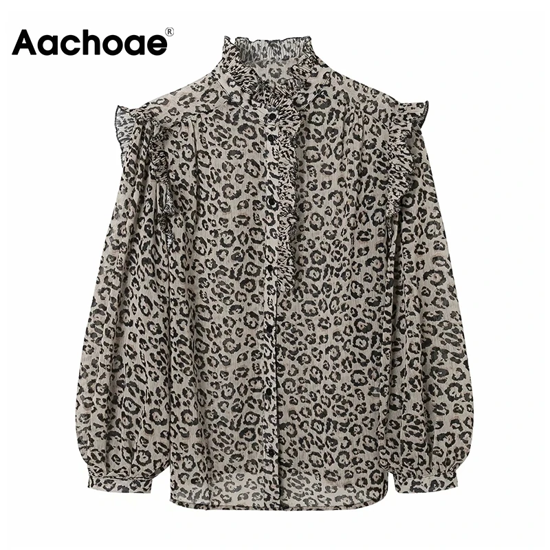 

Блузка Achoae женская шифоновая с леопардовым принтом, модная винтажная рубашка с оборками и длинным рукавом-фонариком, Топ-туника, 2021