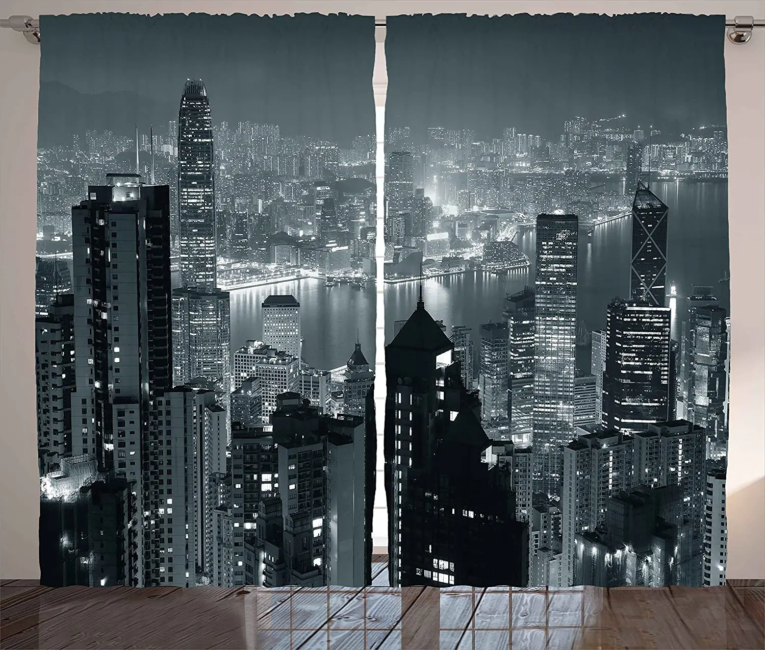 

City Curtains Aerial Night of View Hong Kong Skyline Famous Modern Urban Town Metropolis Panorama Living Room Window Drapes