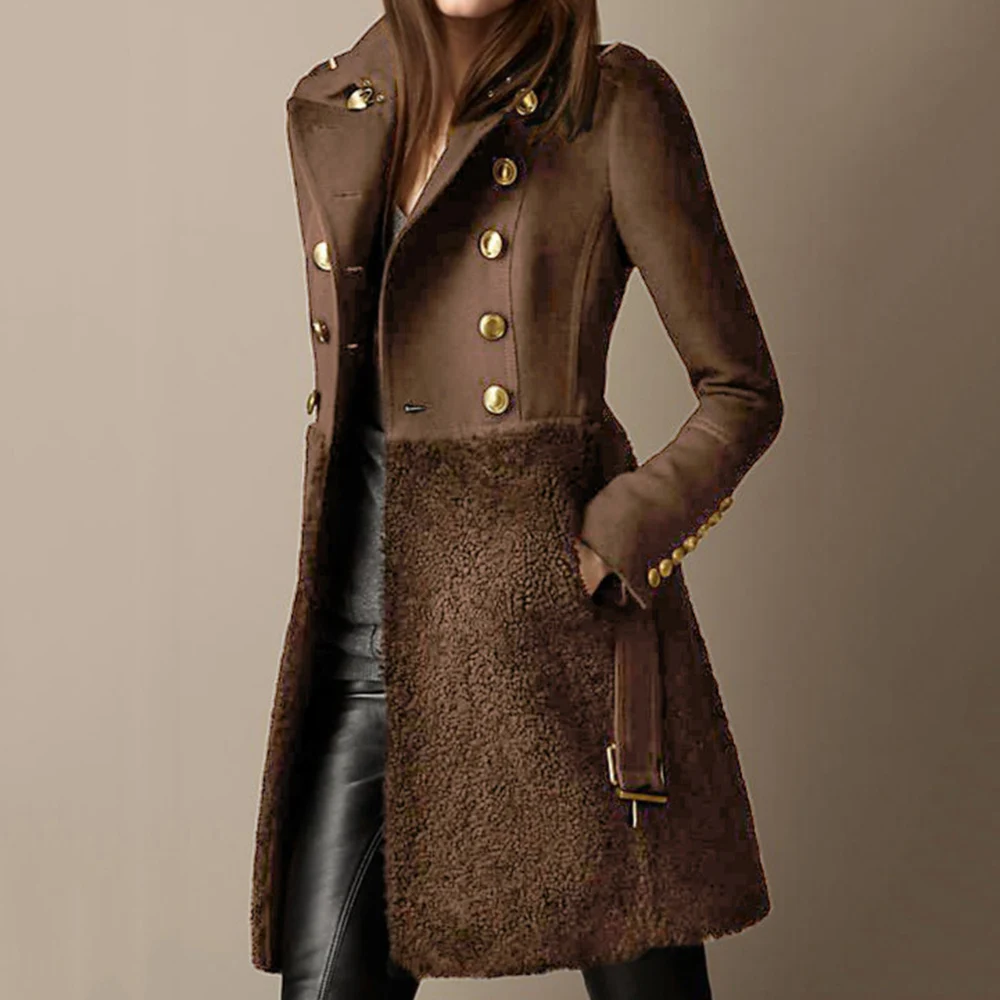 

Женское повседневное шерстяное пальто, повседневное двубортное пальто средней длины в западном стиле с прострочкой, на пуговицах и с карма...