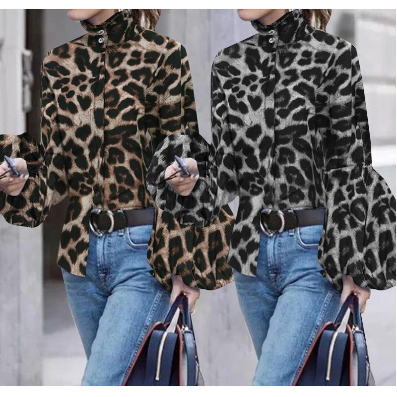 

Women Leapard Print Loose Blouse Casual Long Lantern Sleeve Turn Down Collar Autumn Top MX0063