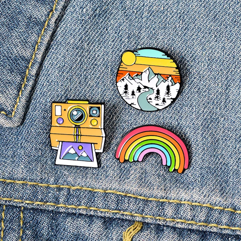 Rainbow sunset горы Ретро фотоаппарат polaroid пленочная лента Творческий брошь мультфильм