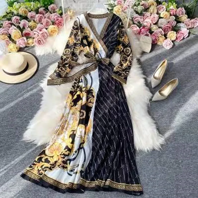 

2023 New Spring Summer Boho Wrap Women's Print Vintage Ladies Dress V Neck Elegant Long Maxi Holiday Bandage Chic Female Dress
