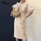 Повседневное офисное платье-футляр Celmia, женский сарафан средней длины с пышными рукавами и круглым вырезом, элегантное Бандажное платье с поясом для работы