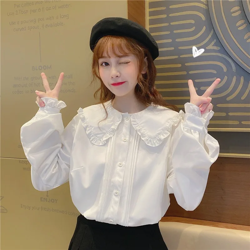 

Spring Autumn French Palace Style White Shirt Women Sweet Peter Pan Collar Long Sleeve Top Collar Blouse Streetwear Party