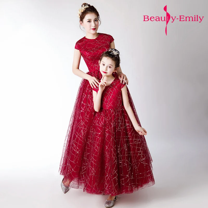 Beauty-Emily/2019 г. Вечерние платья с круглым вырезом для мамы и ребенка фатиновые