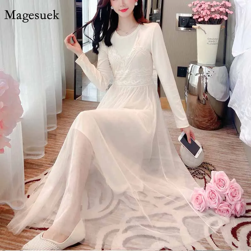 

Elastic Waist O Neck Elegant Midi Dress 2020 Lace Mesh Autumn and Winter New Dress Solid A Line Long Dress Women Vestidos 12159