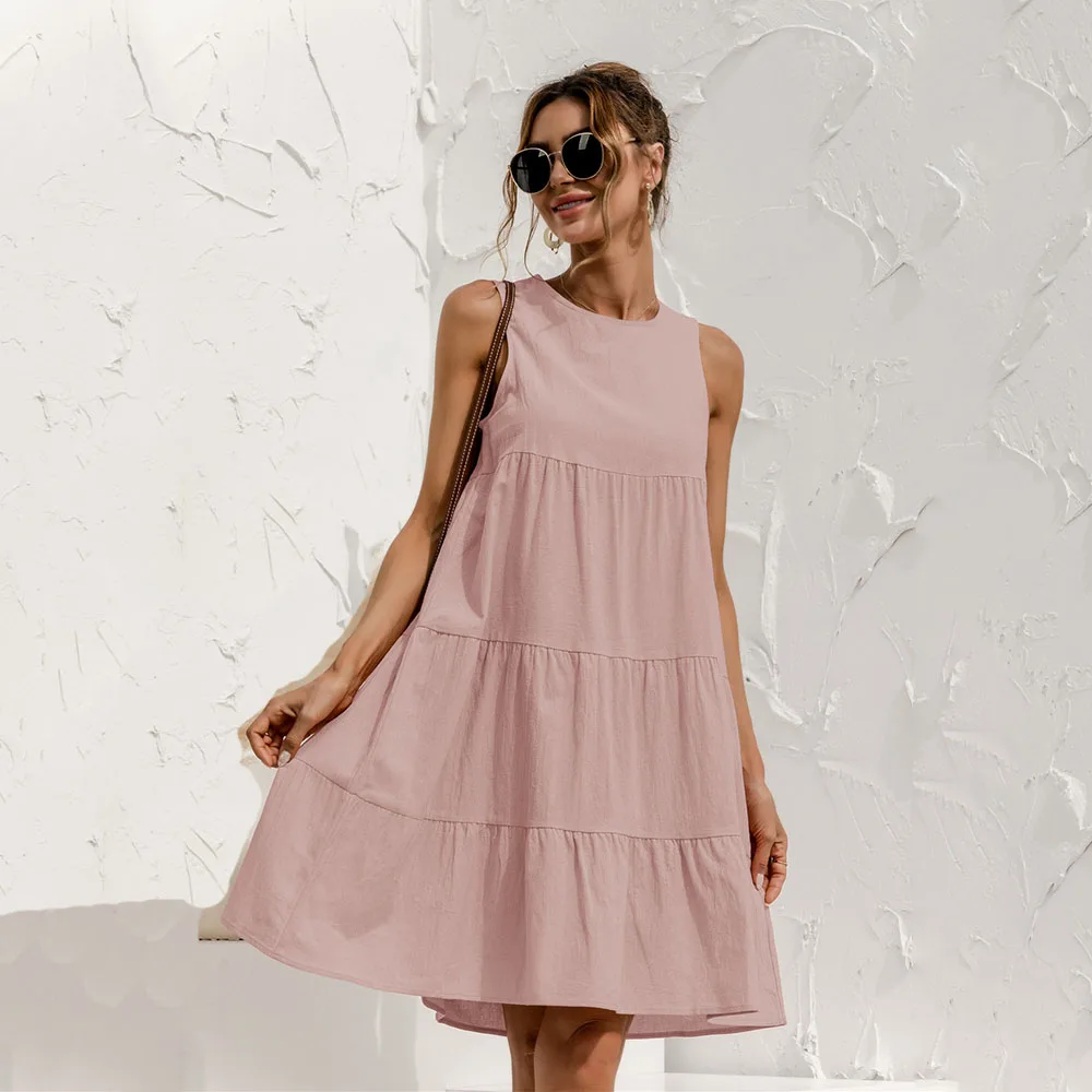 

Женское платье без рукавов, повседневное свободное платье с вышивкой, с круглым вырезом и широкой юбкой, розовый или синий сарафан, лето 2021