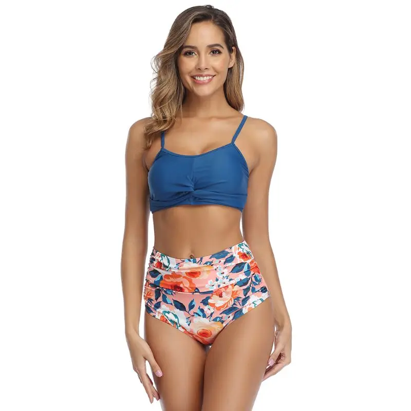 

MXMD Women Sexy 2 Piece Bikini Set Twist Front Bra High Waist Floral Bottoms Swimsuit