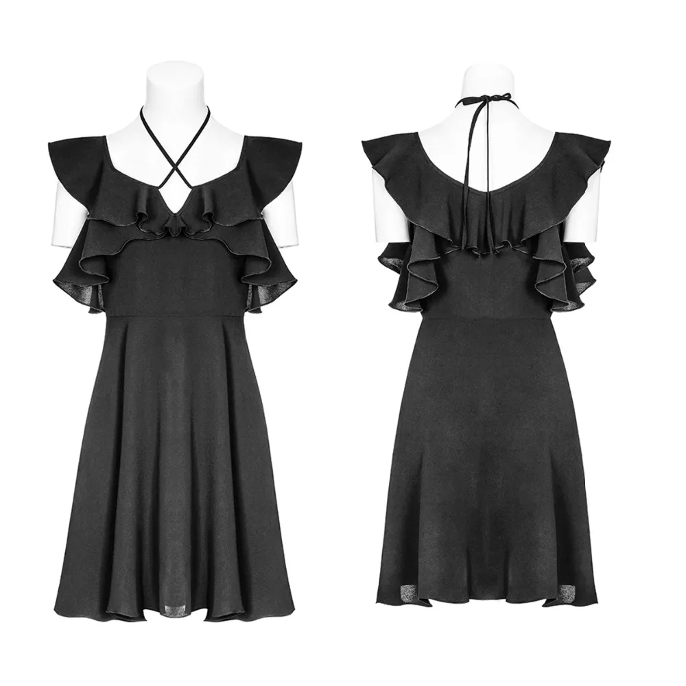 Женское шифоновое мини платье в стиле Панк RAVE черное трапеция с оборками виде