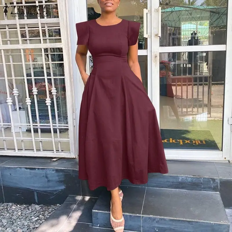 

ZANZEA Femme Stylish O Neck Short Sleeve Robe Fashion Solid Long Vestidos Dress Kaftan Saias Longas 2021 Women Summer Sundress