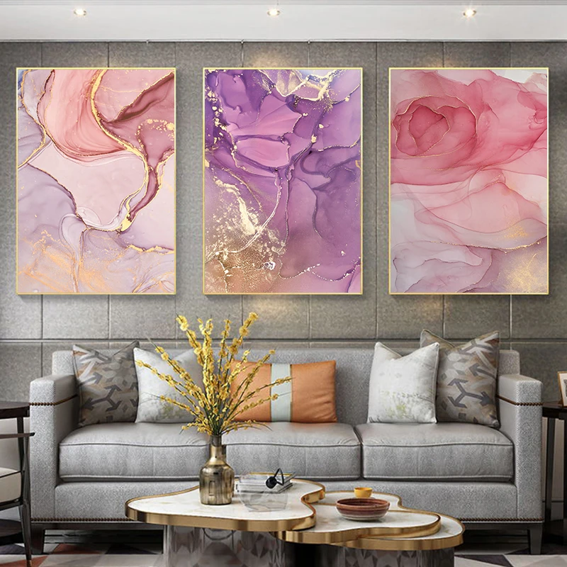 

Abstract Marble texture Canvas Painting Nordic Style Petals Ink Wall Art Scandinavian Pink purple wall poster for living room