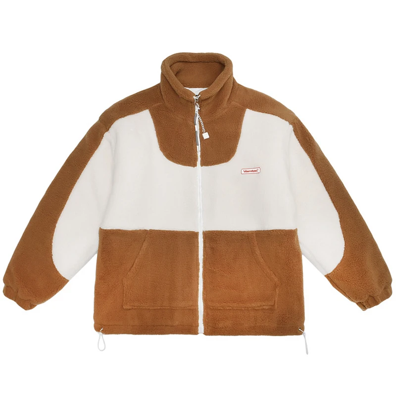 

Men Lamb Wool Patchwork Jackets Harajuku Fleece Thick Warm Jackets Coat Unisex Oversized Couple Color Block Stand Collar Jacket
