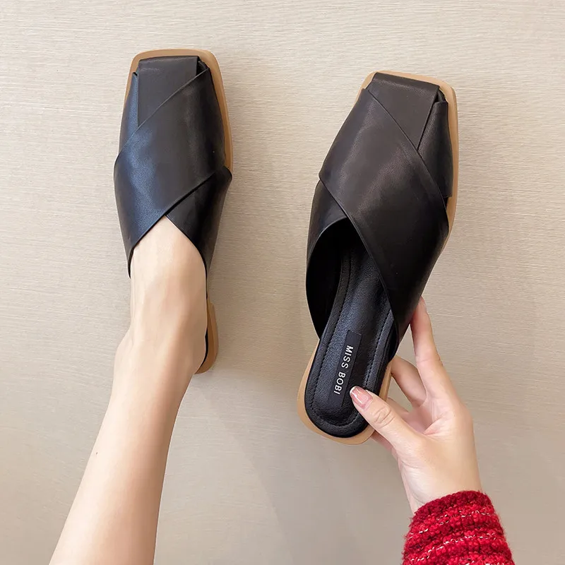 

Slippers Women Summer Female Shoes Loafers Luxury Slides Mules Sexy Cover Toe Low 2021 Designer Flat Rome PU Basic Shoes Slipper