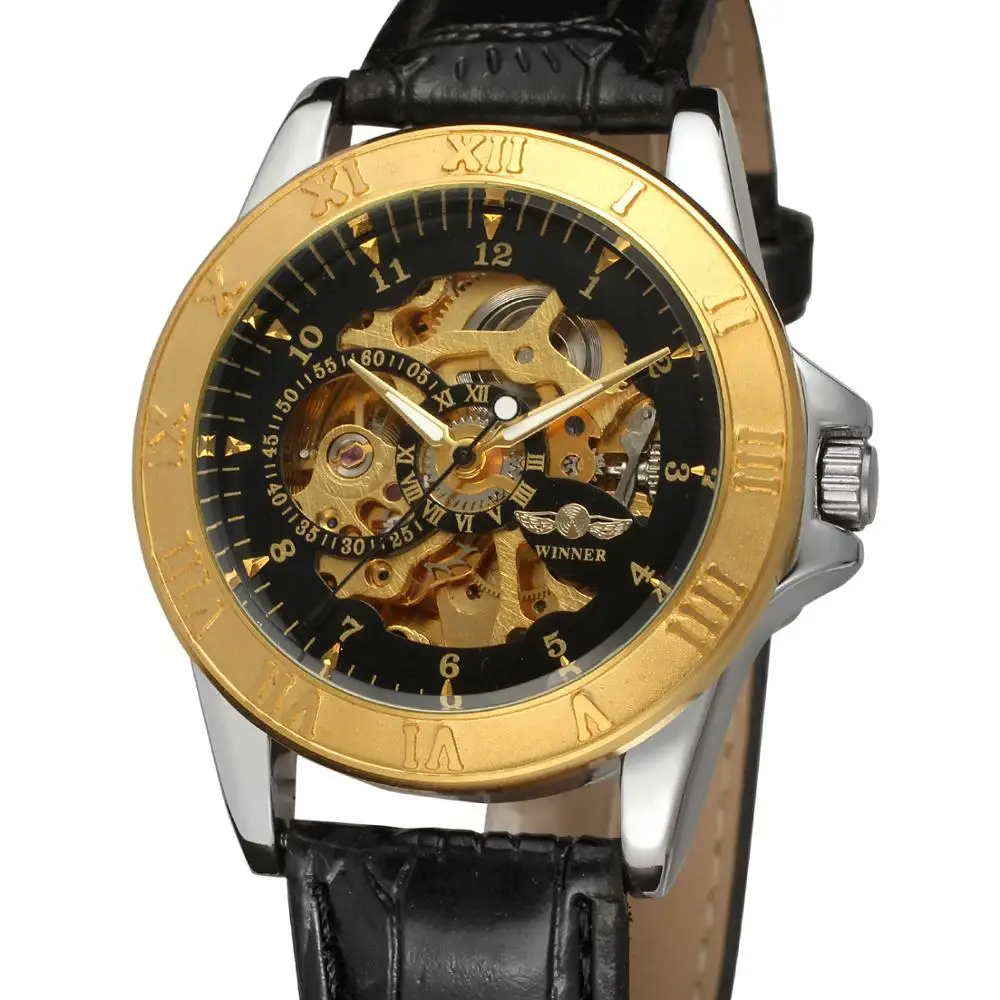 Часы наручные Winner Мужские механические брендовые роскошные золотистые с