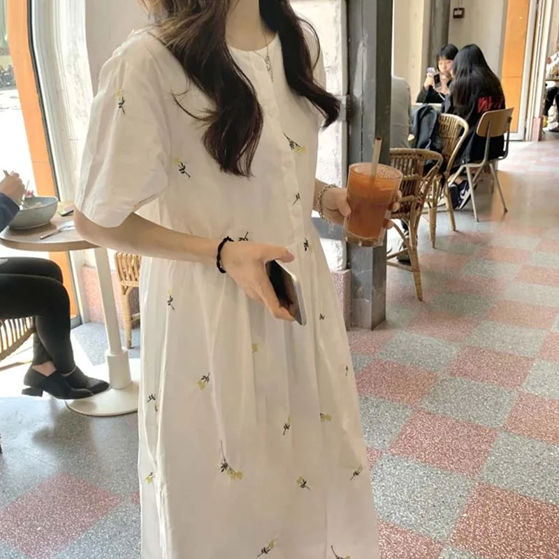 

Embroidery 2021 Summer Dress Floral Mid-Calf White Woman Dress Cotton Clothing Short Sleeve Loose Line Cute Sweet Sundress