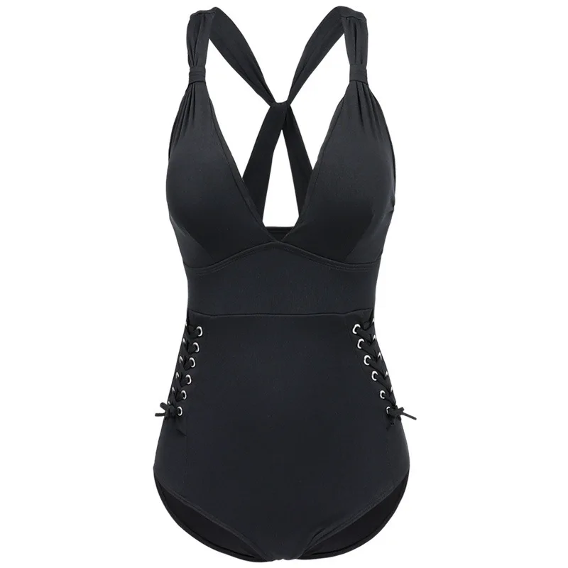 Женский слитный купальный костюм черный однотонный из спандекса с эффектом пуш