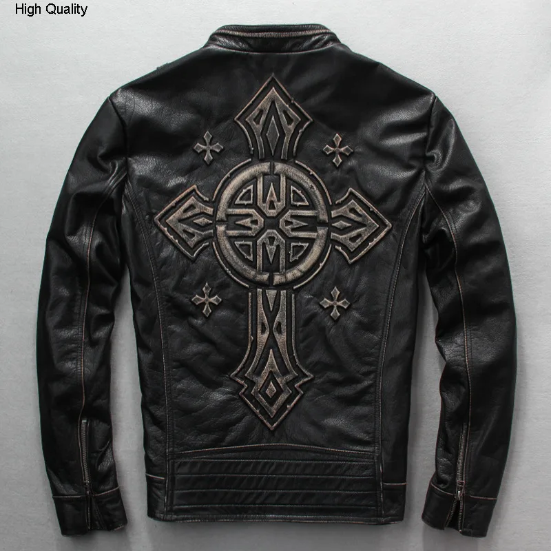 Куртка мужская приталенная из натуральной кожи мотоциклетная куртка с крестом в