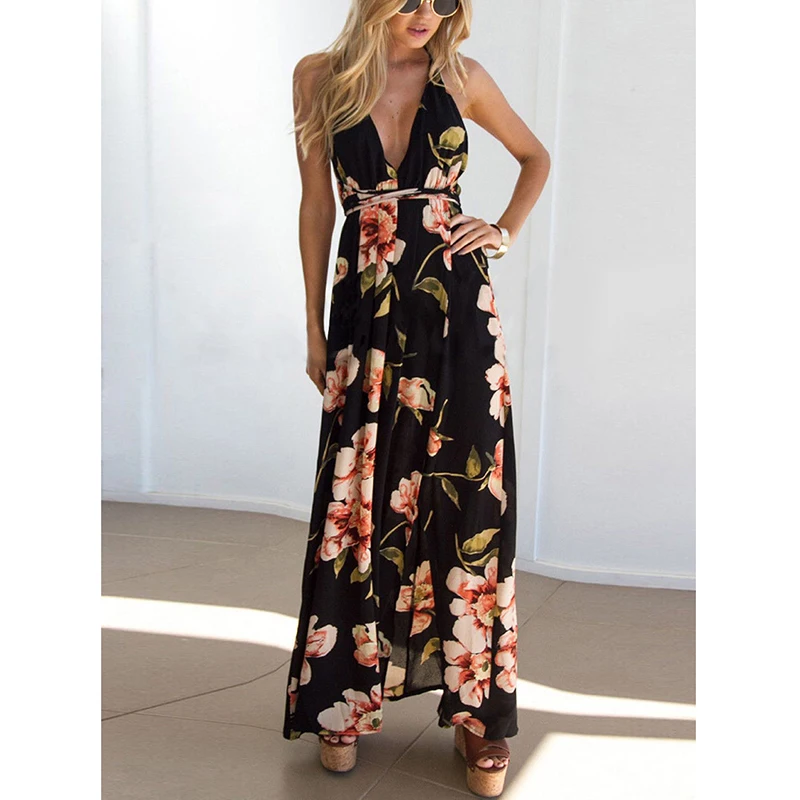 

Women Beach Dress Long Summer 2021 Sexy V-Neck Flower Printed Sling Halter Slit Bandage Vacacion Sleeveless Vestidos New SJ7938C