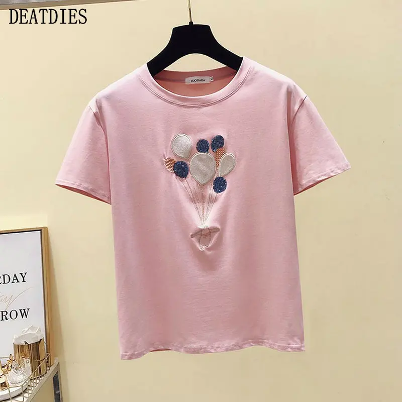

White Beading Casual Tmbroidery T Shirt Women Fashion O-Neck Short Sleeve T-shirt Cotton Tshirt Korean Style Top Female New 2020