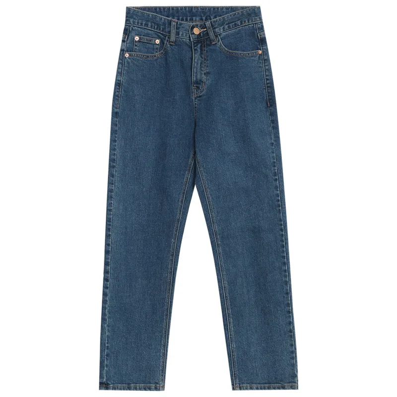 Брюки женские с завышенной талией тонкие повседневные джинсы синие прямые