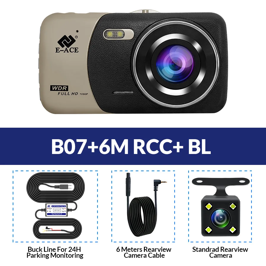 B07-6M RCC-BL E-ACE B07 FHD 1080P Dashcam 4,0 дюймов ips Автомобильный видеорегистратор двойной объектив видео рекордер с камерой заднего вида ночного видения авто Регистратор - Название цвета: B07-6M RCC-BL