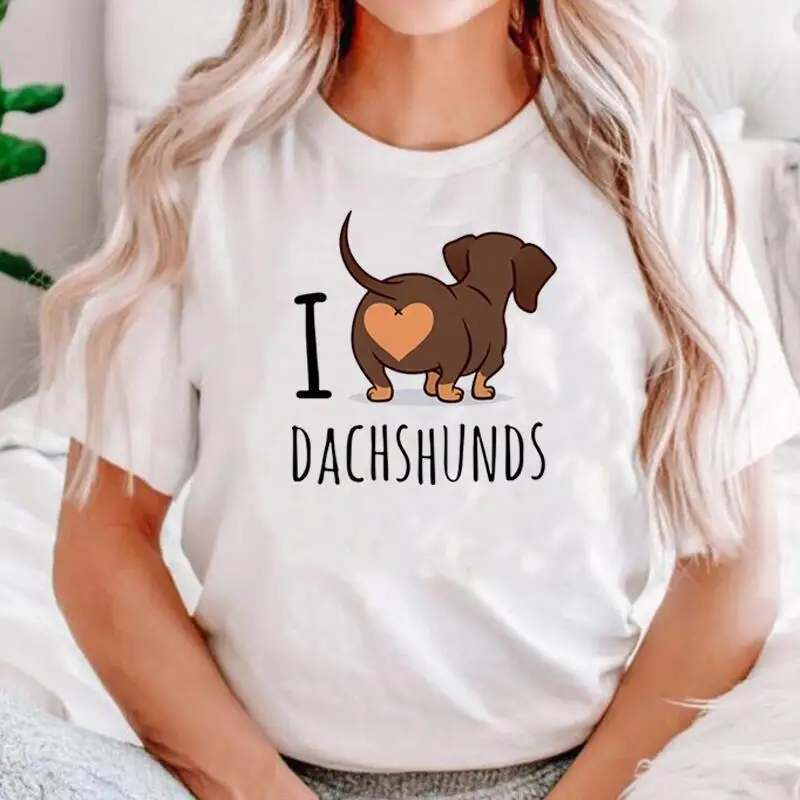 

Женская футболка с надписью «I Love Dachshund», повседневный Топ в стиле Харадзюку, милая рубашка с коротким рукавом, на лето